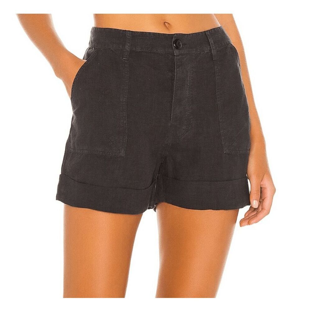 NEW! FRAME Le Beau Linen Shorts Washed Noir Black‎ Pockets Button Fly Size XS